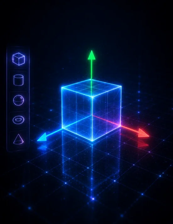 Miniatura futurista de DjCreator con cubo 3D y ejes XYZ