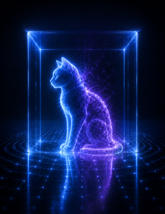 Miniatura futurista del experimento del gato de Schrödinger