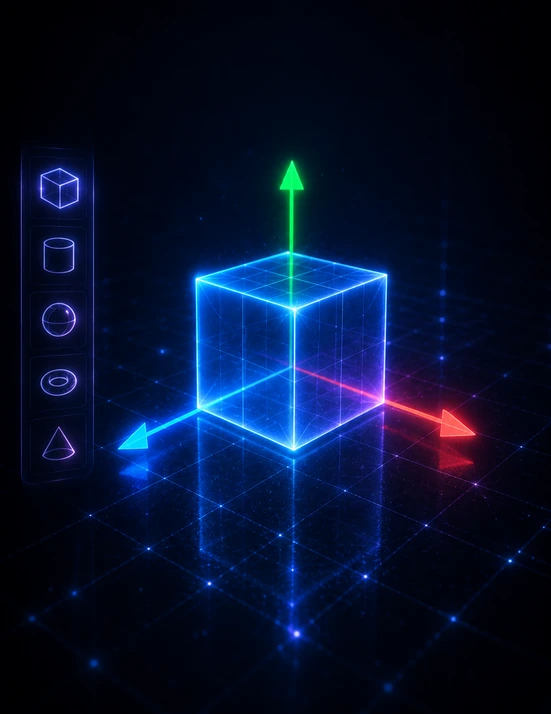 Miniatura futurista de DjCreator con cubo 3D y ejes XYZ