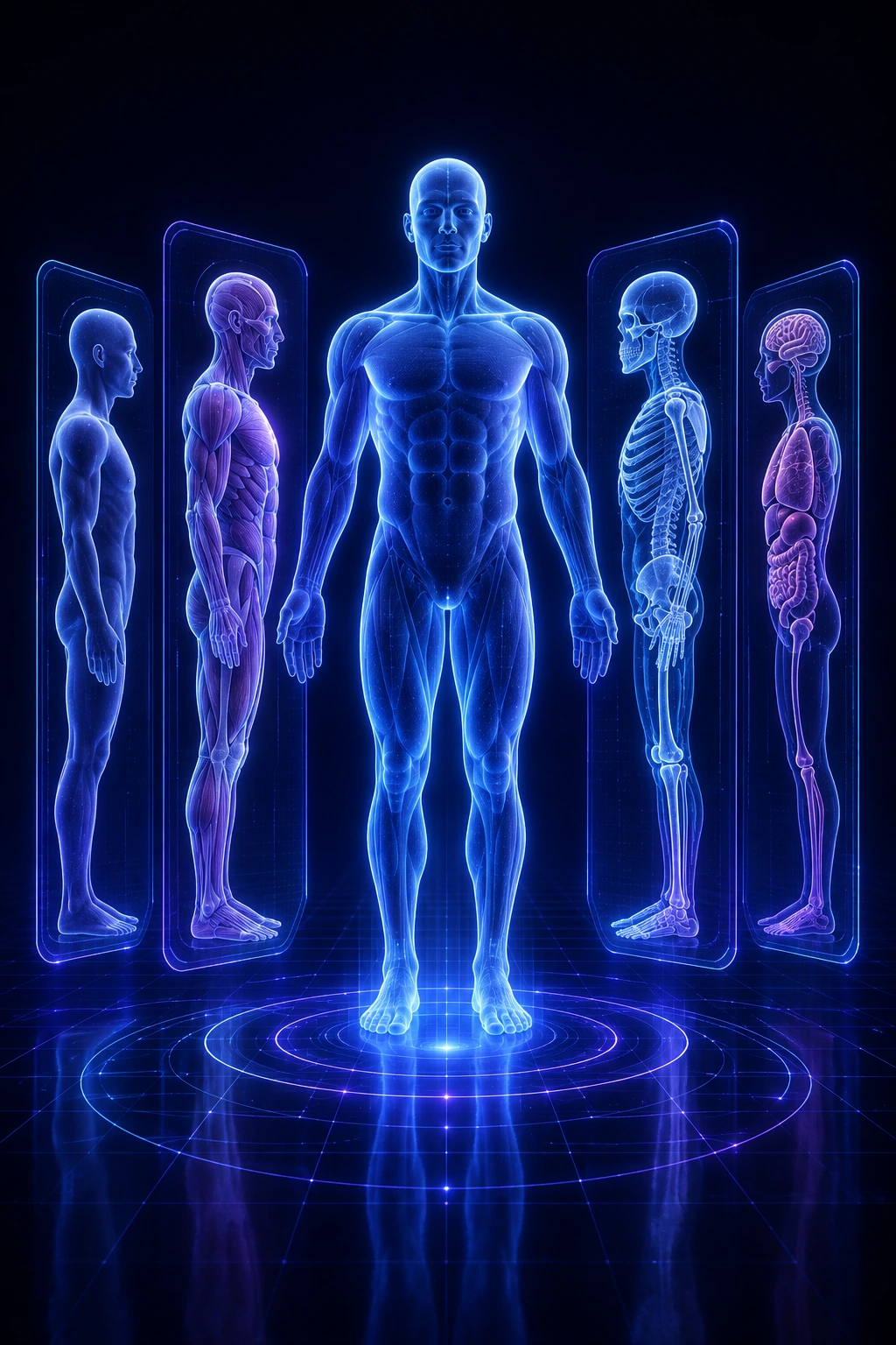 Miniatura futurista de DjHuman con anatomía humana 3D en capas y sistemas desmontables